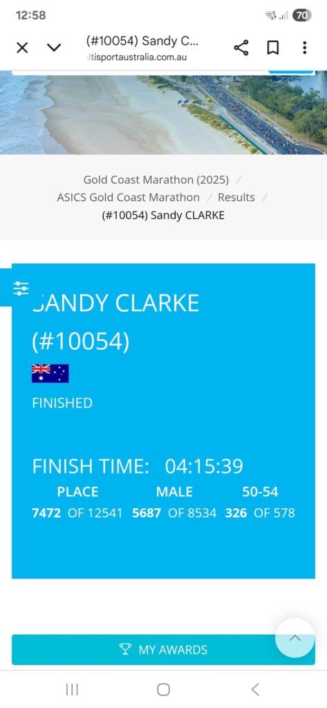 Sandy's official timing and placing for the Gold Coast 2025 Marathon